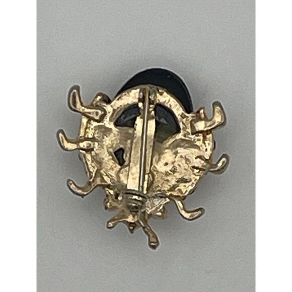 Ladybug Black Gold Tone Brooch Clear Rhinestones 1" - Picture 4 of 11